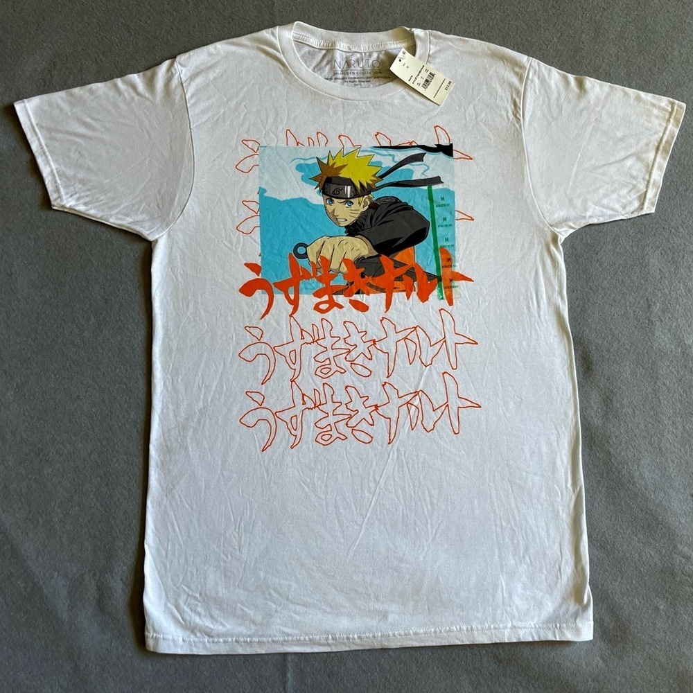 Naruto Men's T-Shirt White Short Sleeve Logo Shippuden Masashi Kishimoto NWT Med